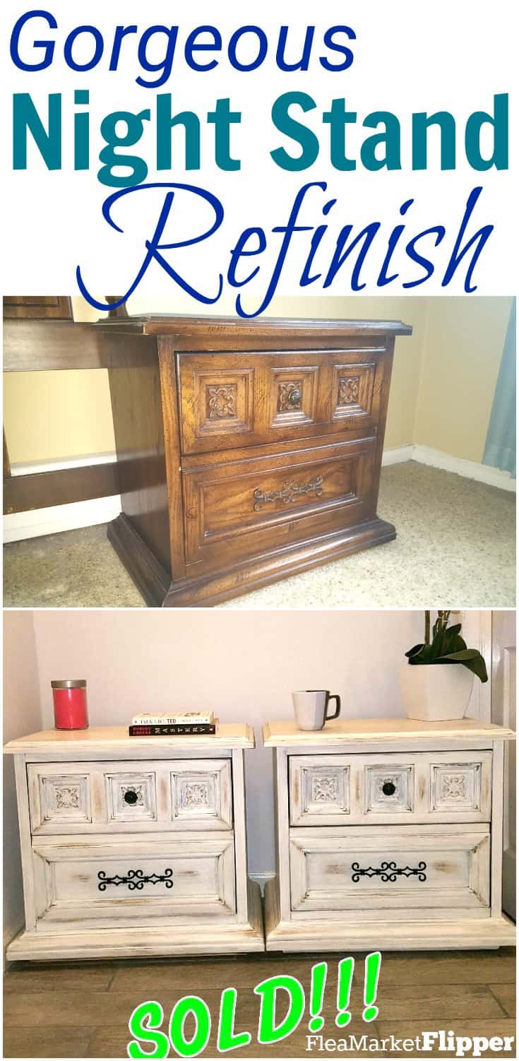 Check out these gorgeous bedside tables that were redone to have the white distressed furniture look. These pieces were one of the winners of our furniture flipping contest! #furnitureflip #flippingforprofit #fleamarketflip #bedsidettables #nightstands #whitefurniture #distressedfurniture #furniturepainting #upcycle #redo #repurpose #diy #thrift