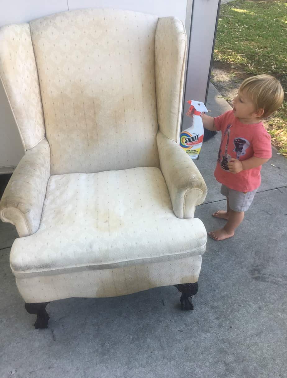 Spray Painted Fabric Chair Rescued From The Trash  Painting fabric chairs,  Painting fabric furniture, Painting upholstered furniture