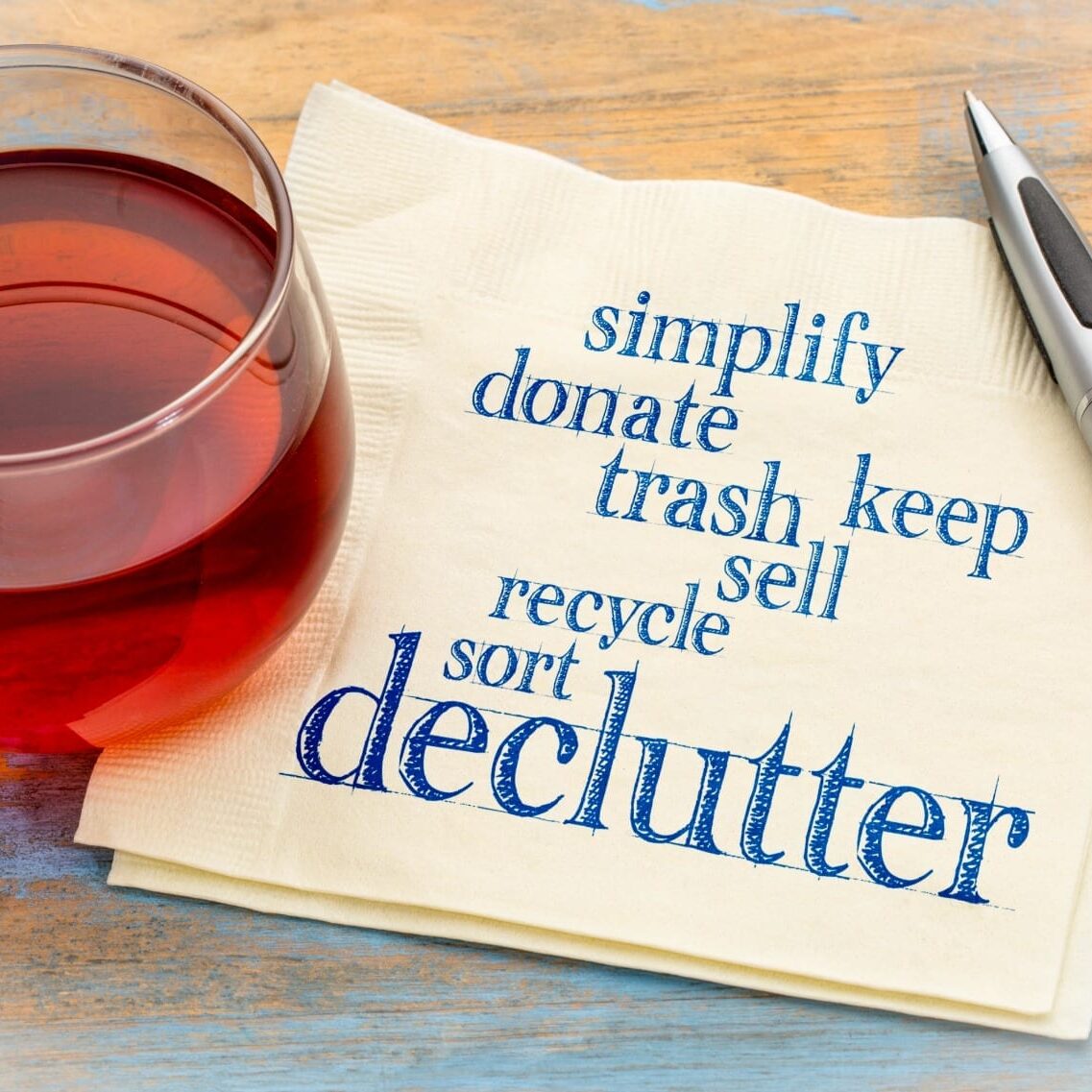 declutter and simplify word cloud on a napkin with a cup of tea